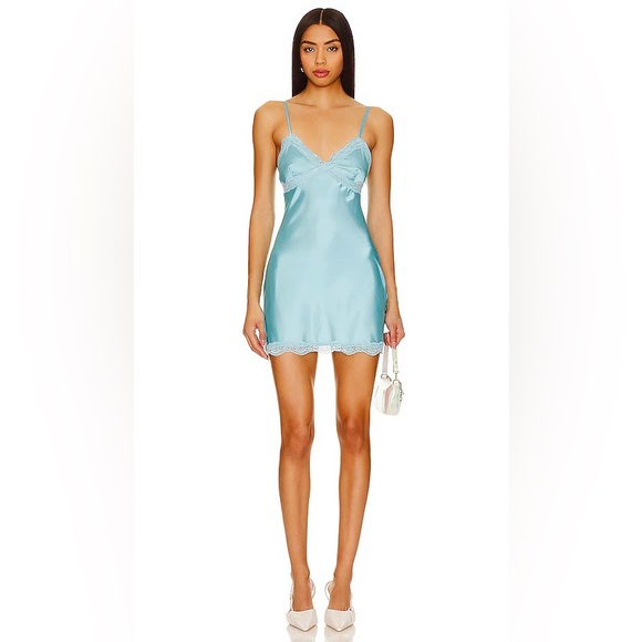 REVOLVE Dresses & Skirts - NWT Revolve X More to Come Satin Hallie Blue Mini Dress with Side Zip, Small